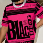 Youthful Vibes: Women's Casual Off-Shoulder Graphic Tee - Stretchy Polyester Blend, Machine Washable, Round Neck, Short Sleeve, Black & Pink Design with Bold "BLACK HUMOR" Print, Perfect for Spring/Summer