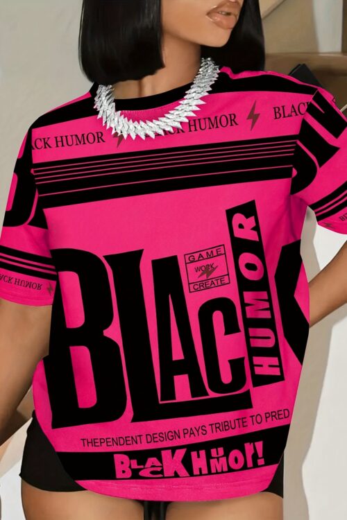 Youthful Vibes: Women’s Casual Off-Shoulder Graphic Tee – Stretchy Polyester Blend, Machine Washable, Round Neck, Short Sleeve, Black & Pink Design with Bold “BLACK HUMOR” Print, Perfect for Spring/Summer