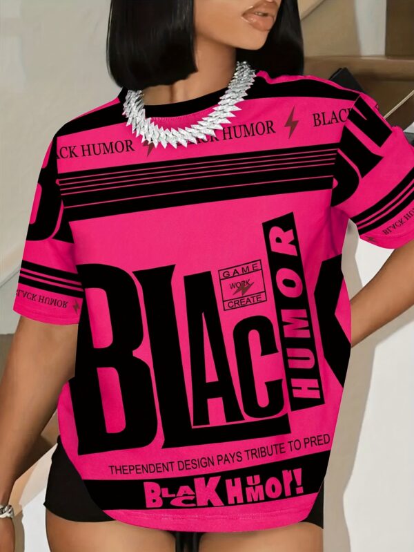 Youthful Vibes: Women's Casual Off-Shoulder Graphic Tee - Stretchy Polyester Blend, Machine Washable, Round Neck, Short Sleeve, Black & Pink Design with Bold "BLACK HUMOR" Print, Perfect for Spring/Summer