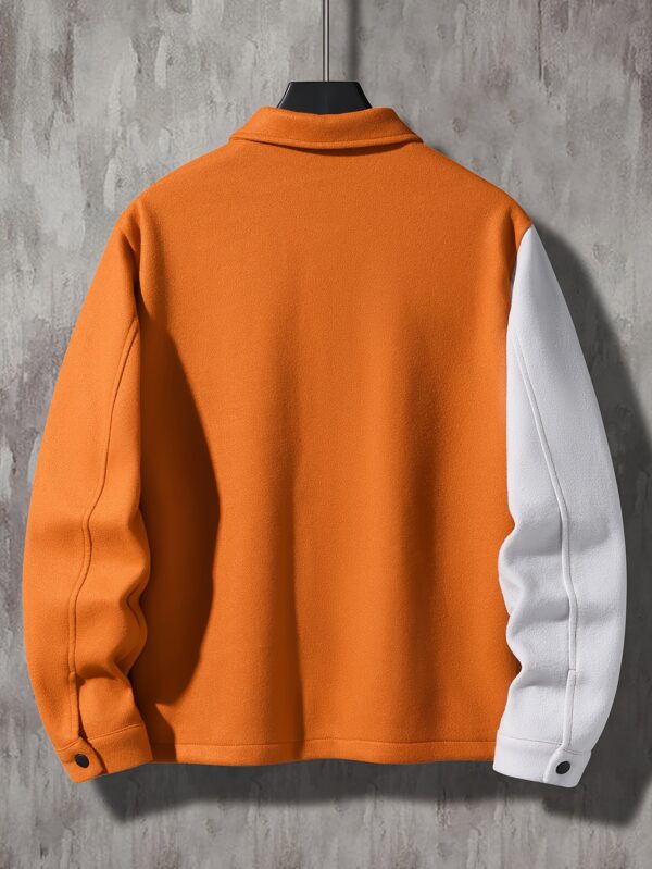 Men's Color Block Corduroy Jacket - Casual Winter Coat with Pockets, Button-Up Front, Orange & White Design, Snap Closure, Polyester Material - Image 3
