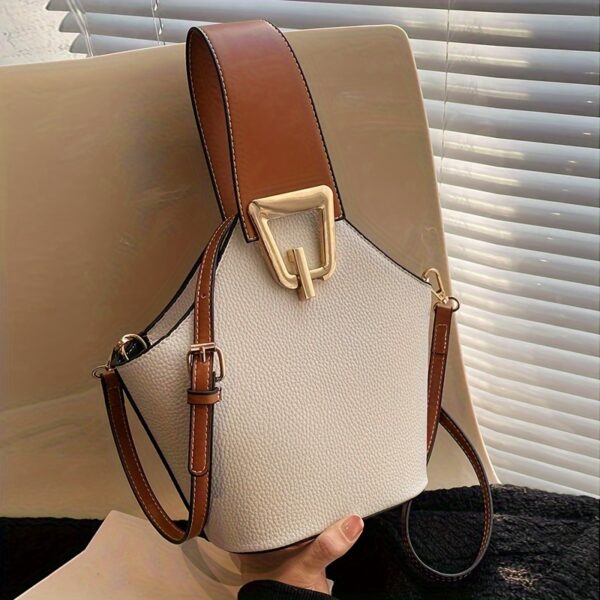 French-Inspired Elegant Women's Bucket Bag with Adjustable Thin Shoulder Strap, Large Capacity & Golden-Tone Lock Closure - Beige All-Purpose Commuter Handbag for Work, Travel, Daily Use, Crossbody Purse, Travel Handbag, Sophisticated Fashion, Textured Finish - Image 3