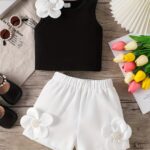 Two-piece Set for Little Girl: Black Sleeveless Top with White Patchwork and White Patchwork Shorts