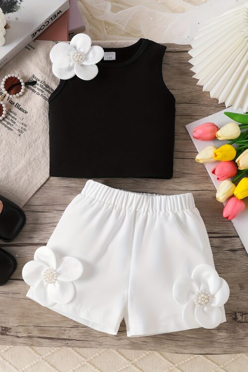 Two-piece Set for Little Girl: Black Sleeveless Top with White Patchwork and White Patchwork Shorts