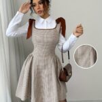 Elegant Women'S Plaid A-Line Dress, Square Neck, Fitted, Lace Up, Woven Polyester, 230g/m², with Cat Ear Design, for Adult, Summer - Image 4
