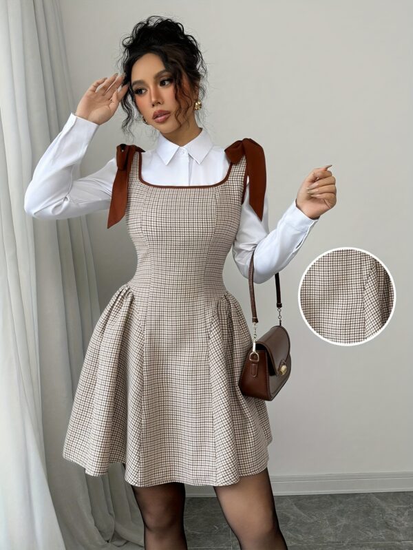 Elegant Women'S Plaid A-Line Dress, Square Neck, Fitted, Lace Up, Woven Polyester, 230g/m², with Cat Ear Design, for Adult, Summer - Image 4