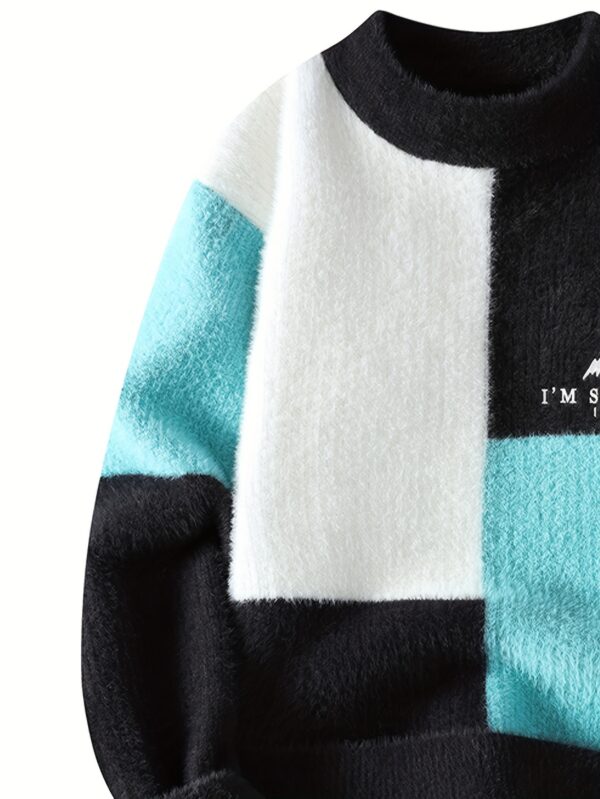 SENMEIGUO Men'S Chunky Knit Sweater, Casual Round Neck, Long Sleeve, Letter Print, Warm Winter Top, Regular Fit, Knitted Fabric, 2024 Fall/Winter Collection - Image 4
