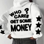 Men's Casual Street Style Hoodie - "Who Cares? Get Some Money" Graphic, Loose Fit, Long Sleeve, Polyester, Machine Washable - Perfect for Spring/Fall, Oversized Hoodie