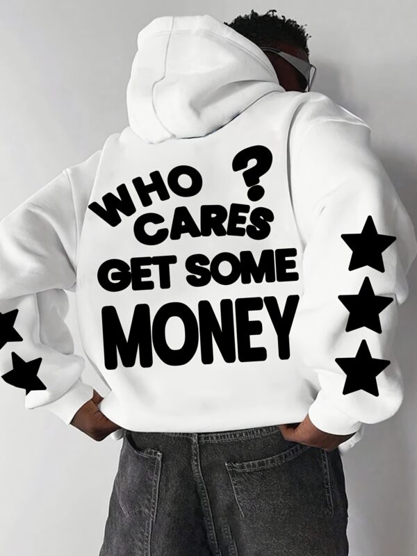 Men's Casual Street Style Hoodie - "Who Cares? Get Some Money" Graphic, Loose Fit, Long Sleeve, Polyester, Machine Washable - Perfect for Spring/Fall, Oversized Hoodie
