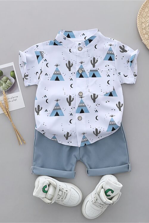 Men’S Infant Summer Graphic Tee and Shorts Set – Casual, Non-Stretch, Short Sleeve Shirt with Pyramid and Cactus Print, Light Blue Shorts, White Sneakers, Casual Summer Outfit for Little Boys, Casual Summer Outfit|Playful Print Design|Comfortable Fit, Baby Clothes, for Outdoor