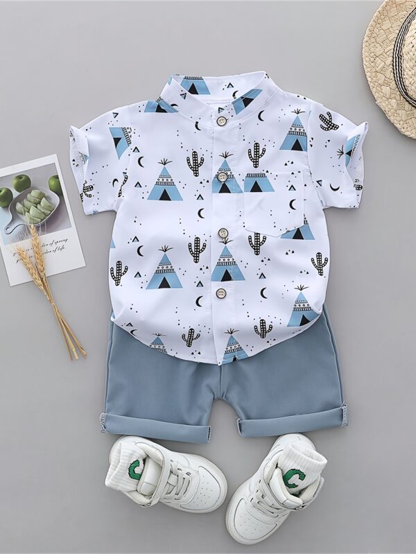 Men'S Infant Summer Graphic Tee and Shorts Set - Casual, Non-Stretch, Short Sleeve Shirt with Pyramid and Cactus Print, Light Blue Shorts, White Sneakers, Casual Summer Outfit for Little Boys, Casual Summer Outfit|Playful Print Design|Comfortable Fit, Baby Clothes, for Outdoor