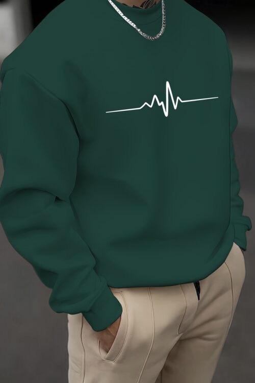 ECG Pattern Print Men’s Long Sleeve Crew Neck Sweatshirt, Pullover Sweatshirt, Casual Comfortable Versatile Top For Spring & Autumn, Outdoor Sports