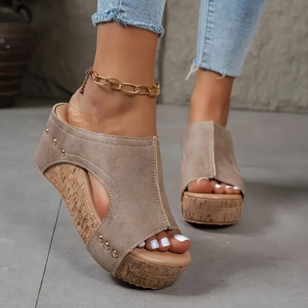 Women's Elegant Retro Mary Jane Wedge Sandals - Slip-On Thick Platform Heel with Metallic Studs & Adjustable Golden Chain Ankle Strap, Breathable PU Cover Open-Toe Summer Shoes in Black/Navy/Brown-Golden, Comfortable Footwear | Open Toe Design | Durable Footwear - Image 3