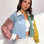 Women's Elegant Color-Block Drop Shoulder Jacket - Lightweight Short-Length Lapel Collar with Chest Pockets & Decorative Patch, Spring/Fall Casual Outerwear Light Blue/White/Pink, Yellow/Green/White, Button Front Closure, Singlesided Buttonup - Image 3