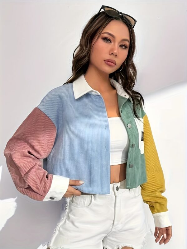 Women's Elegant Color-Block Drop Shoulder Jacket - Lightweight Short-Length Lapel Collar with Chest Pockets & Decorative Patch, Spring/Fall Casual Outerwear Light Blue/White/Pink, Yellow/Green/White, Button Front Closure, Singlesided Buttonup - Image 3