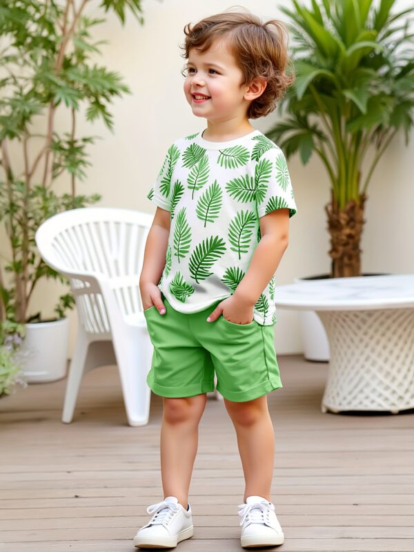 2pcs set of boys' clothing, summer short-sleeved round-neck T-shirt with leaf print and boy's fashionable shorts for summer outings, Perfect for Outdoor - Image 4