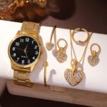 6pcs Elegant Women's Quartz Watch Set with Heart-Shaped Jewelry, Perfect Gift for Ladies, Non-Adjustable Alloy Strap, Classic Bar Markers Round Dial, Ideal Gift for Sisters and Mothers, Suitable for Ramadan or Casual Attire, No Packaging Box Included, Middle East Special Edition - Image 15