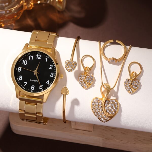 6pcs Elegant Women's Quartz Watch Set with Heart-Shaped Jewelry, Perfect Gift for Ladies, Non-Adjustable Alloy Strap, Classic Bar Markers Round Dial, Ideal Gift for Sisters and Mothers, Suitable for Ramadan or Casual Attire, No Packaging Box Included, Middle East Special Edition - Image 15