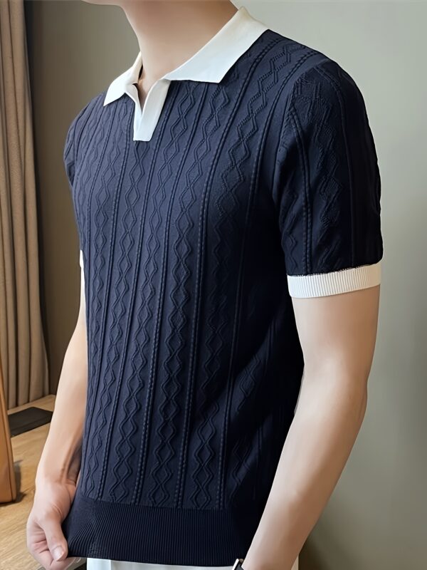 Men's Summer Slim Fit Contrast Collar Short Sleeve Knit Sweater - Lightweight Breathable Casual Pullover, Machine Washable for Office & Social Events, Cute Sweaters, Event Pullover, Medium Stretch Fabric - Image 10