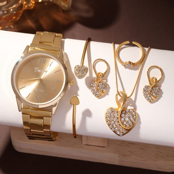 6pcs Elegant Women's Quartz Watch Set with Heart-Shaped Jewelry, Perfect Gift for Ladies, Non-Adjustable Alloy Strap, Classic Bar Markers Round Dial, Ideal Gift for Sisters and Mothers, Suitable for Ramadan or Casual Attire, No Packaging Box Included, Middle East Special Edition - Image 19