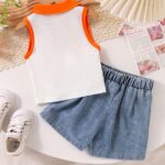 New Girls' Floral Orange And White Top with Denim Shorts Set, for Outdoor - Image 2