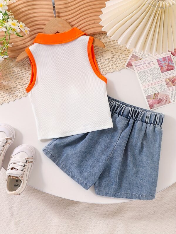 New Girls' Floral Orange And White Top with Denim Shorts Set, for Outdoor - Image 2