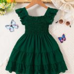 Girls Comfy Solid Ruffle Sleeve Square Neck Dress, Casual Dresses For Summer Holiday Party Gift - Image 3