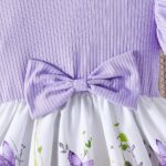 Girls' Spring/Summer Ruffled Sleeve Dress with Bow Detail and Elastic Waistband - Green Butterfly Print on White, Knee-Length, Machine Washable - Image 10