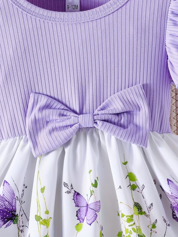 Girls' Spring/Summer Ruffled Sleeve Dress with Bow Detail and Elastic Waistband - Green Butterfly Print on White, Knee-Length, Machine Washable - Image 10