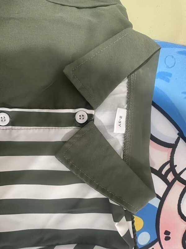 Boys' Fashion Set, Striped Polyester Shirt and Shorts, Casual Elastic Fabric, Spring/Summer Collection, Slim Fit, Button Detail, Woven Construction, Polyester Top and Bottom, For Outdoor - Image 5