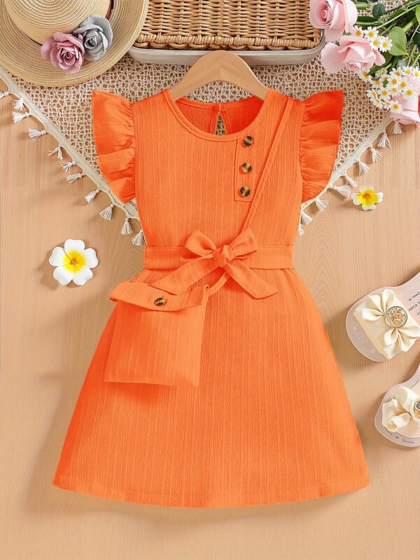Elegant Green Ruffled Sleeve Dress for Girls with Bow Detail & Button Accents - Crew Neck, Non-Stretch Polyester, Machine Washable - Perfect for Summer Parties & Casual Outings, Girls Long Sleeve Dresses - Image 3