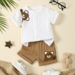 2pcs Boys' Summer Casual Outfit: Bear Print Short Sleeve Shirt & Elastic Waist Cuffed Ankle Shorts Set in Polyester - Machine Washable, Boys Summer Outfit|Striped Kids Shirt|Comfortable Children's Set, Boy Clothes, Perfect for Outdoor