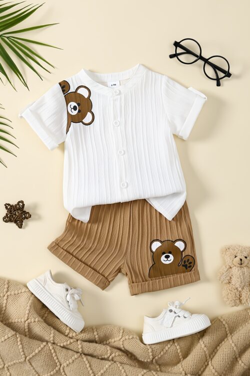 2pcs Boys’ Summer Casual Outfit: Bear Print Short Sleeve Shirt & Elastic Waist Cuffed Ankle Shorts Set in Polyester – Machine Washable, Boys Summer Outfit|Striped Kids Shirt|Comfortable Children’s Set, Boy Clothes, Perfect for Outdoor