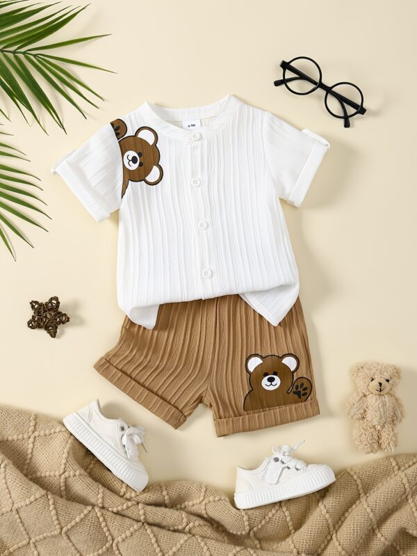 2pcs Boys' Summer Casual Outfit: Bear Print Short Sleeve Shirt & Elastic Waist Cuffed Ankle Shorts Set in Polyester - Machine Washable, Boys Summer Outfit|Striped Kids Shirt|Comfortable Children's Set, Boy Clothes, Perfect for Outdoor