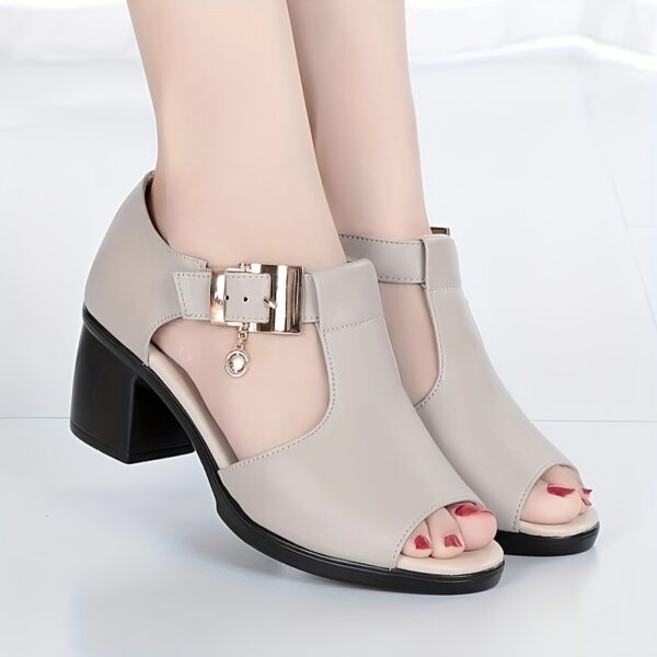 Women's Black Peep-Toe Sandals with Chunky Heel - Elegant Ankle Suspender Dress Shoes, PU Cover, Perfect for Summer - Image 4
