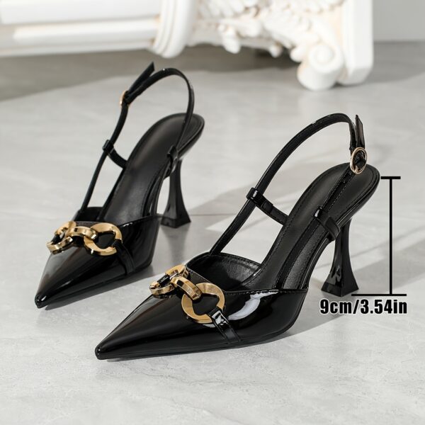 Pair of elegant pointed-toe high-heeled sandals with sleek silhouette, adorned with metal buckle straps for added sophistication and elegance. The slim heel design effortlessly elevates your presence, allowing you to confidently strut your unique charm whether in the workplace or at dinner - Image 6