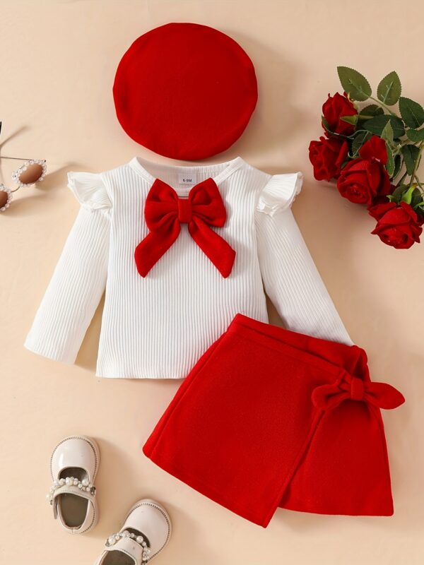 3pcs Baby's Adorable Bowknot Decor Long Sleeve Top + Beret + Trendy Skirt, Toddler & Infant Girl's Clothing Outdoor Set For Winter Fall, Outdoor Cloth - Image 8