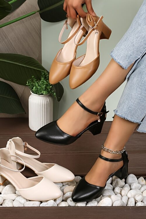 Women’S Elegant French-Inspired Mid-Heel Sandals with Ankle Strap & Bow Detail – Chic Pointed Toe Block Heel Pumps for Spring/Summer, Versatile & Fashionable Hollow Cutouts, Strappy Sandals