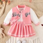 Preppy Style Girls 2pcs BABY GIRL Print Baseball Jacket + Pleated Skirt Outdoor Set For Party Sports Gift - Image 3