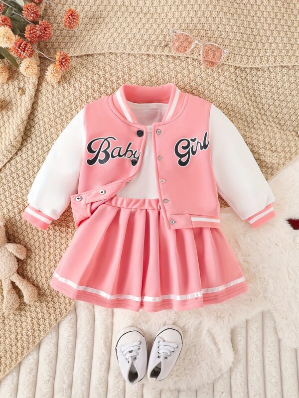 Preppy Style Girls 2pcs BABY GIRL Print Baseball Jacket + Pleated Skirt Outdoor Set For Party Sports Gift - Image 3