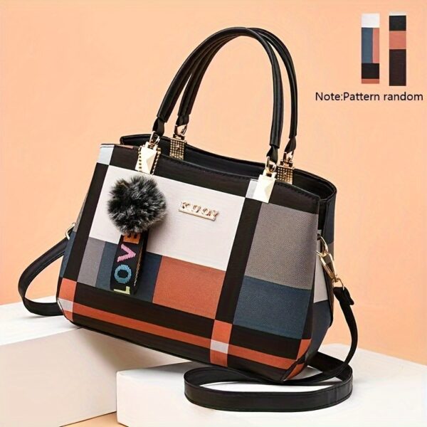 Plaid Decorated Women's Fashion Small Handbag with Ball Decoration Multi-Layer Mini Crossbody Bag Suitable for Date Party Student White Collar - Image 3