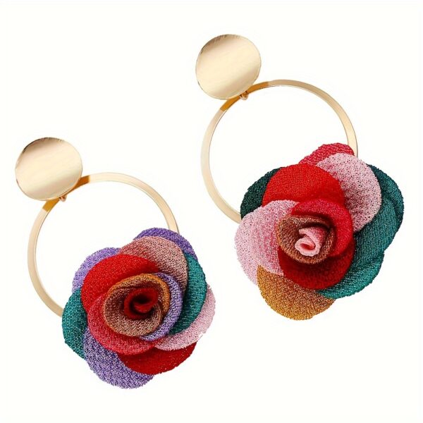 Elegant Boho-Chic Handcrafted Fabric Flower Dangle Earrings - Mixed Colors, Iron Crafted for Everyday & Wedding Wear - Image 4