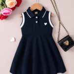 Chic Summer Girls' Dress - Sleeveless with Collar, Heart Print & Knee-Length Casual Outfit - Image 3