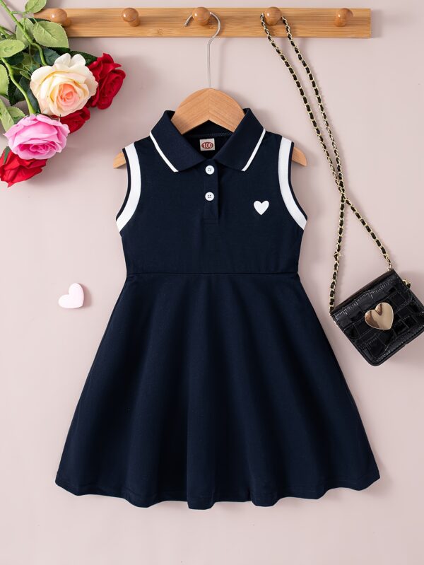 Chic Summer Girls' Dress - Sleeveless with Collar, Heart Print & Knee-Length Casual Outfit - Image 3