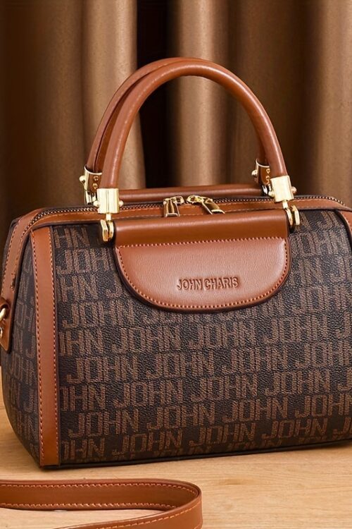 Designer-Inspired Boston Handbag for Women, Large Capacity Shoulder Bag with Zipper Closure, Polyester Lined, Painted Edges, Fashionable Versatile Crossbody Purse for Mature Ladies