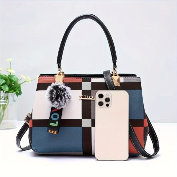 Plaid Decorated Women's Fashion Small Handbag with Ball Decoration Multi-Layer Mini Crossbody Bag Suitable for Date Party Student White Collar - Image 8
