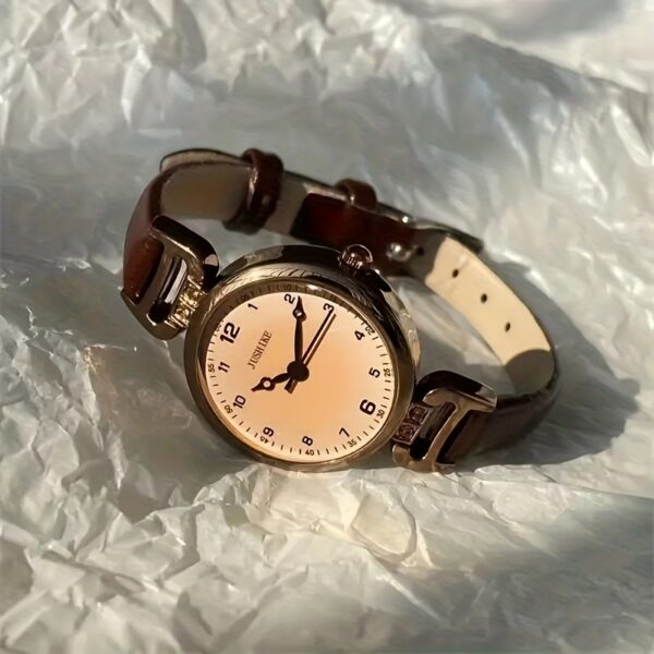 Elegant Vintage Women'S Quartz Watch with Brown Faux Leather Strap, Golden-Tone Alloy Case, Arabic Numerals, and Minimalist Design - Perfect for Casual Attire, Casual Watch|Elegant Timepiece|Goldtone Case, Watch Accessories - Image 3