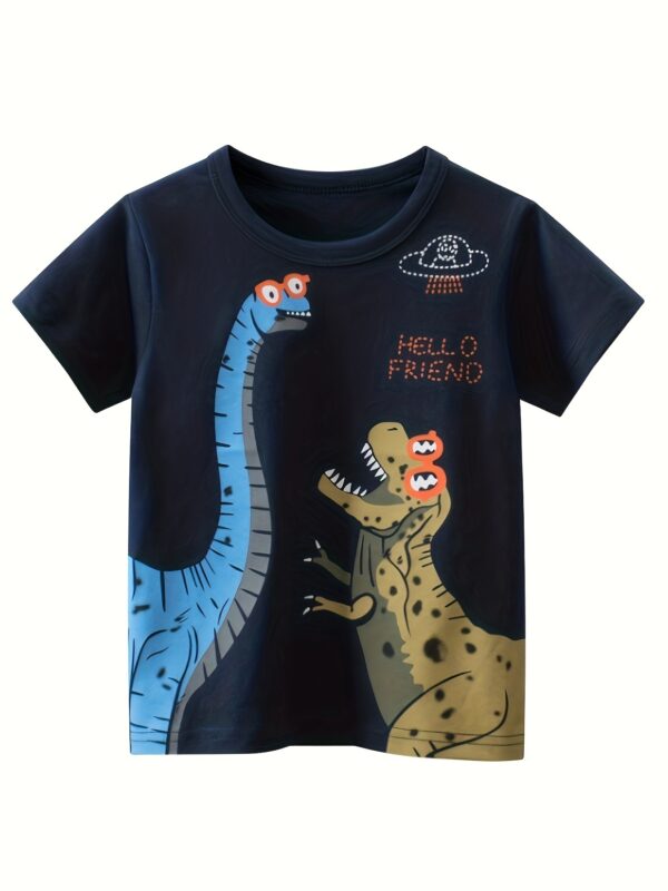 4pcs Cute Cartoon Shark And Dinosaur Print Boys Comfy T-Shirt, Cool, Versatile & Smart Short Sleeve Tee - Image 2