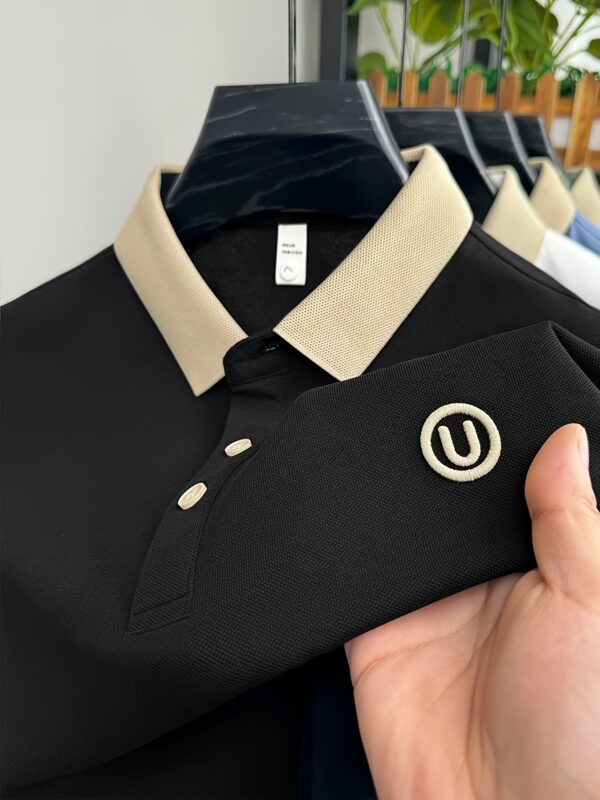 Men's Stylish Embroidered Shirt - Casual Short Sleeve, Button-Up Collar, White with Gray Collar & Cuff Accents, Soft Polyester Fabric, Perfect for Golf or Casual Attire, Golf Shirt | Embroidered Collar Detail | Smooth Texture - Image 3
