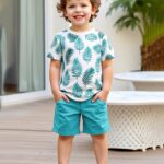 2pcs set of boys' clothing, summer short-sleeved round-neck T-shirt with leaf print and boy's fashionable shorts for summer outings, Perfect for Outdoor - Image 2