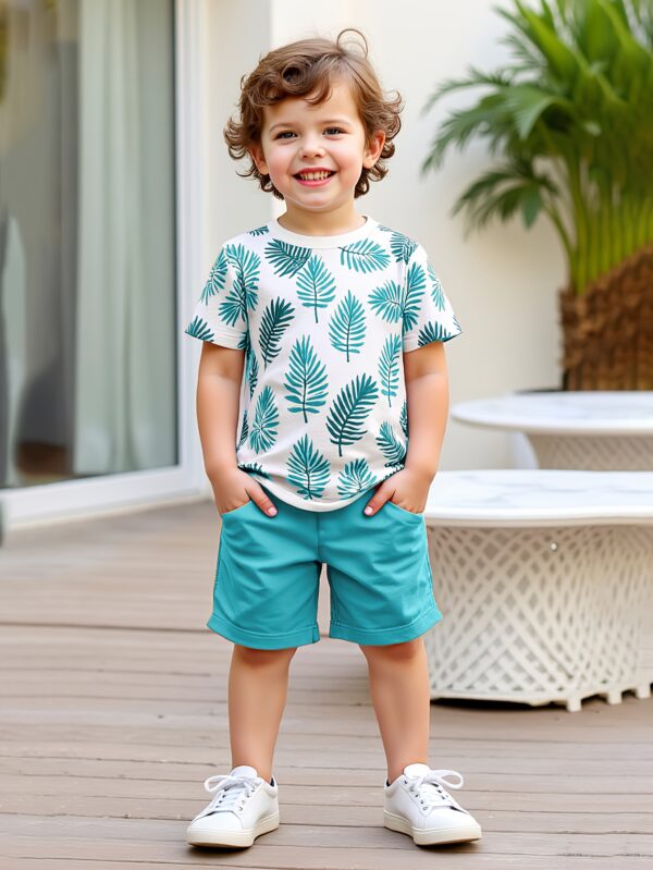 2pcs set of boys' clothing, summer short-sleeved round-neck T-shirt with leaf print and boy's fashionable shorts for summer outings, Perfect for Outdoor - Image 2